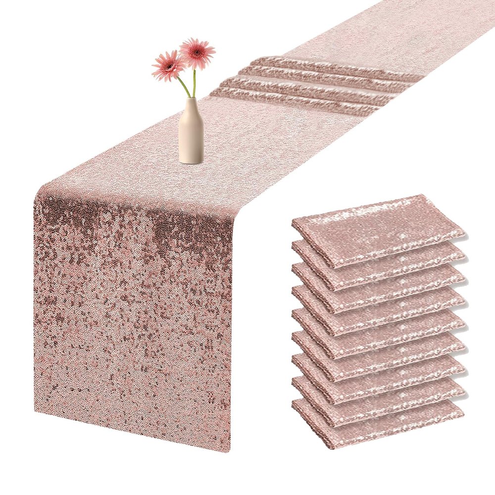 OQSC Rose Gold Table Runners 10 Pcs Table Decorations for Party Tablecloth Sequin Party Supplies Christmas Glitter Wedding