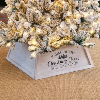 Glitzhome 26" L Washed White Wooden Tree Collar, Rustic Trapezoid Tree Stand Cover Farm Fresh Christmas Tree Skirt Box