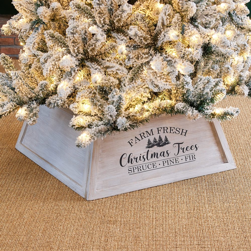 Glitzhome 26" L Washed White Wooden Tree Collar, Rustic Trapezoid Tree Stand Cover Farm Fresh Christmas Tree Skirt Box