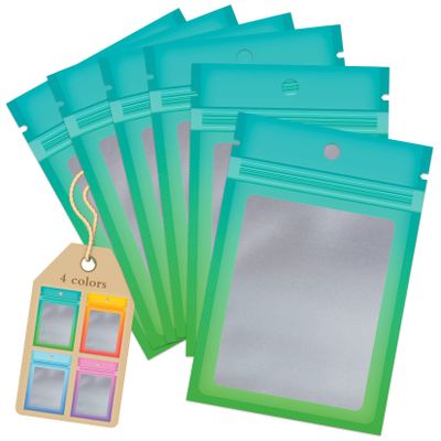 Funfery 100 Pack Mylar Resealable Bags, Clear Gradient Packing Bags for Food Storage, Small Business, Foil Pouch Smell Zipper Proof Bag for Sample Jewelry Eyelash Gloss(Blue Green,4.7x7in)