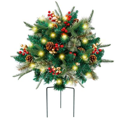 Glintoper Lighted Artificial Christmas Urn Filler, Pre-lit Xmas Pine Trees with Cones, Golden & Red Berries, Tripod Stake and 60 LED Lights, Outdoor Light Up Planter Filler Holiday Home Decor, 1 Pack