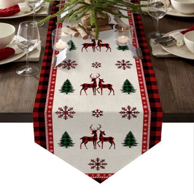 Christmas Plaid Elks and Snowflakes Trees Table Runner Cotton Linen Washable Dresser Scarves Red and Black Buffalo Check Dining Top Tapestry Setting Decor for Home Kitchen Holiday Party Wedding