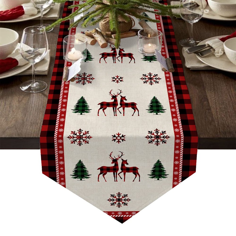 Christmas Plaid Elks and Snowflakes Trees Table Runner Cotton Linen Washable Dresser Scarves Red and Black Buffalo Check Dining Top Tapestry Setting Decor for Home Kitchen Holiday Party Wedding