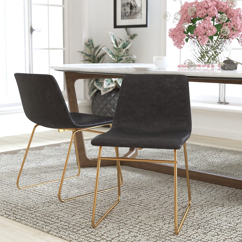 BizChair 18 inch Dining Table Height Chair, Mid-Back Sled Base Dining Chair in Dark Gray LeatherSoft with Gold Frame, Set of 2
