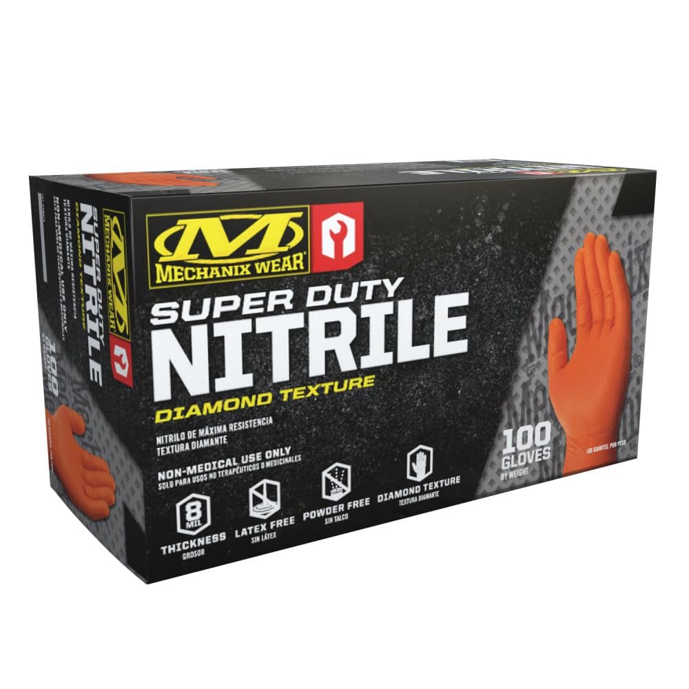 Mechanix Wear: 8 Mil Heavy Duty Nitrile Disposable Gloves, Latex Free, Powder Free, Nitrile Rubber Gloves with Textured Grip, 100 pack, Cleaning and Mechanic Work Gloves (Orange 8 mil, Medium)