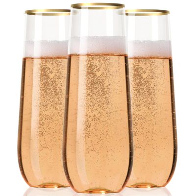 30 Plastic Stemless Champagne Flutes - Disposable Unbreakable 9 Oz toasting glasses, With Gold rim | Reusable, Clear, Fancy & Shatterproof Champagne Glasses - Ideal for Weddings, Birthdays, Parties