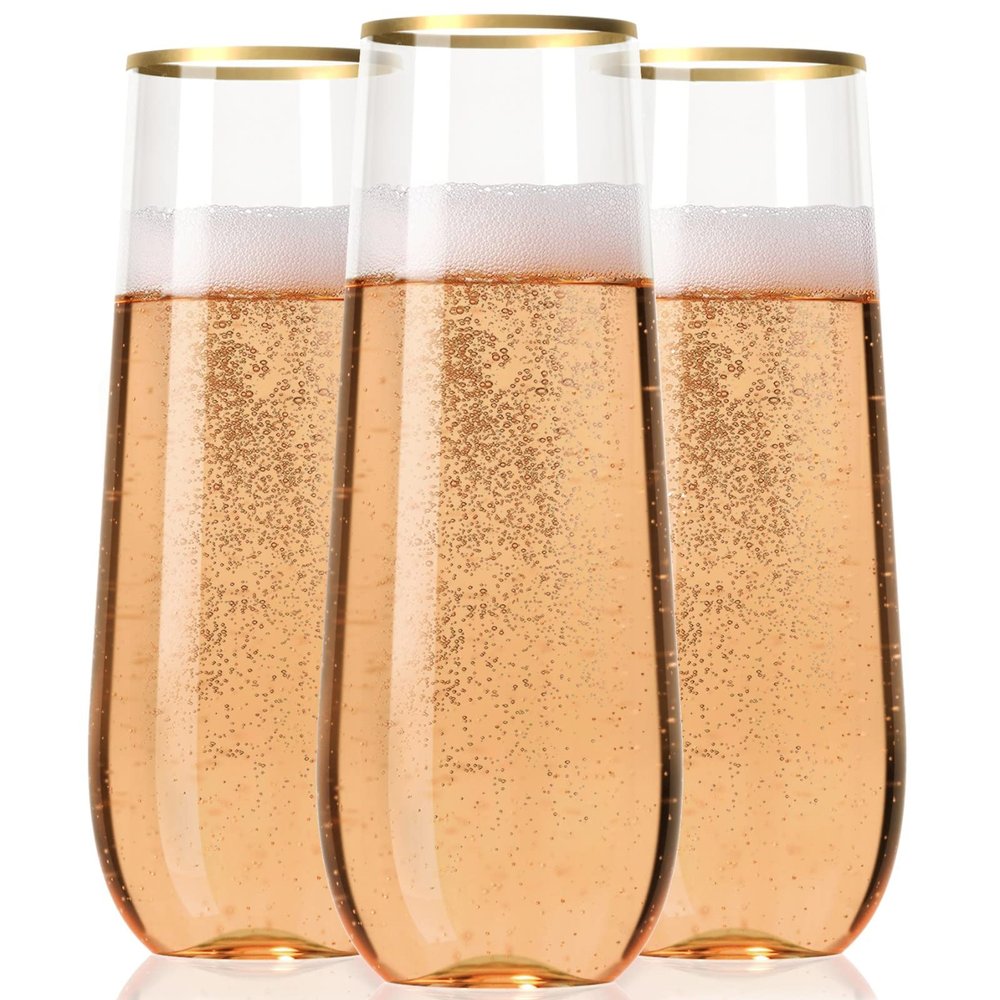 30 Plastic Stemless Champagne Flutes - Disposable Unbreakable 9 Oz toasting glasses, With Gold rim | Reusable, Clear, Fancy & Shatterproof Champagne Glasses - Ideal for Weddings, Birthdays, Parties