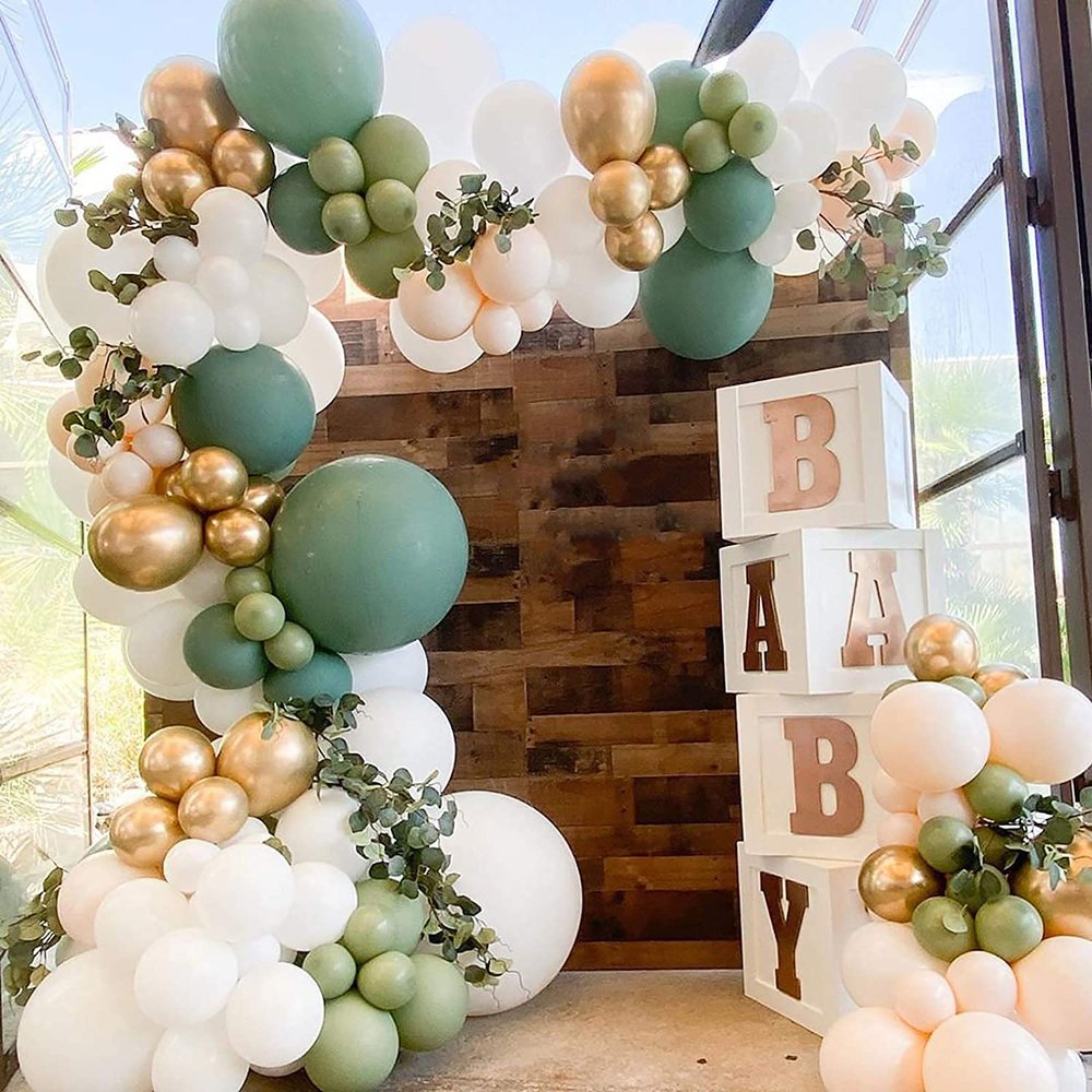 152pcs Sage Green Balloons Garland Kit - Balloon Arch With White, Peach, Gold and Retro Olive Green Balloons, Perfect for Wedding Baby & Bridal Shower Birthday Party Decorations