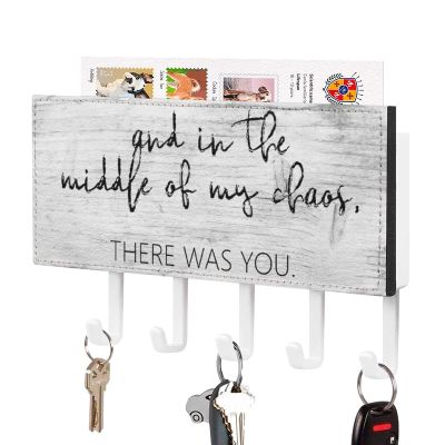 in The Middle of My Chaos There was You Key Holder for Wall, Love Inspirational Quote Mail Holder and Key Rack for Entryway, Farmhouse Home Decor Key Hooks, Rustic Key Hangers with 5 Hooks
