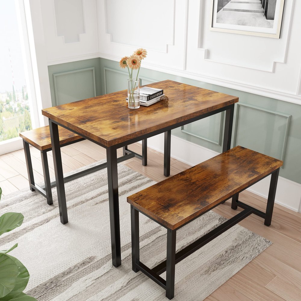 AWQM Dining Table Set with Two Benches, Kitchen Table Set for 4-6 Persons, Kitchen Table of 43.4 x 23.7 x 28.6 Inches, Bench of 38.6 x 11.9 x 17.6 Inches Each, Rustic Brown and Black (0826NewSet01)