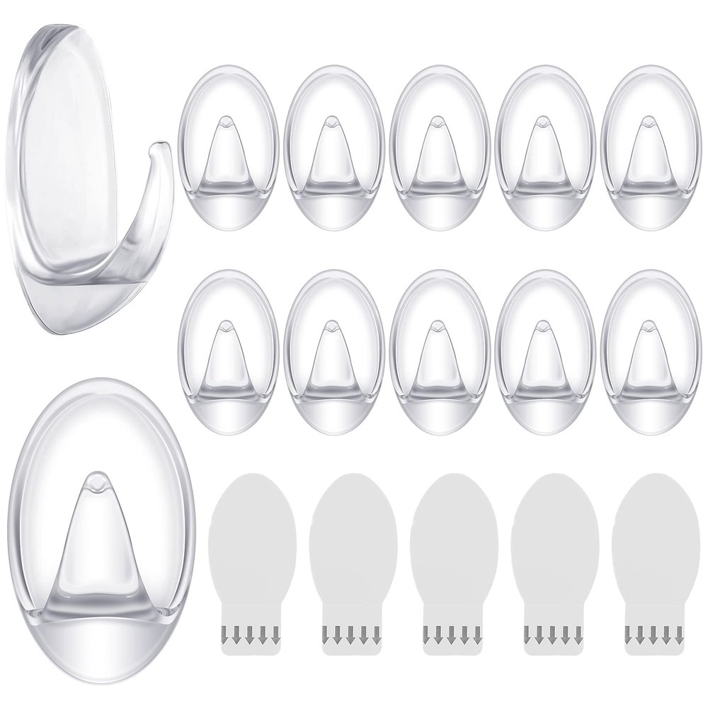 Blulu 12 Pcs Clear Adhesive Hooks for Hanging Wall Hooks Heavy Duty 22 lb Max No Damage Waterproof Transparent Hook with 15 Pcs Self-Adhesive Tapes for Home Bathroom Kitchen Office Wall
