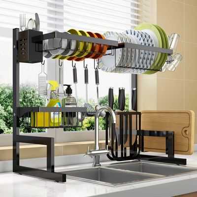Over The Sink Dish Drying Rack Adjustable (25.6"-33.5"), 2 Tier Stainless Steel Large Dish Rack Drainer for Kitchen Counter Organizer Storage Space Saver with 10 Utility Hooks