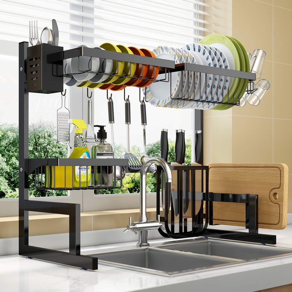 Over The Sink Dish Drying Rack Adjustable (25.6"-33.5"), 2 Tier Stainless Steel Large Dish Rack Drainer for Kitchen Counter Organizer Storage Space Saver with 10 Utility Hooks