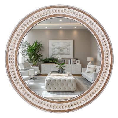 24 Inches Rustic Round Wall Mirrors - Wooden Farmhouse Circle Mirror for Bathroom, Entryway, Bedroom, Living Room, Entryway Decorative