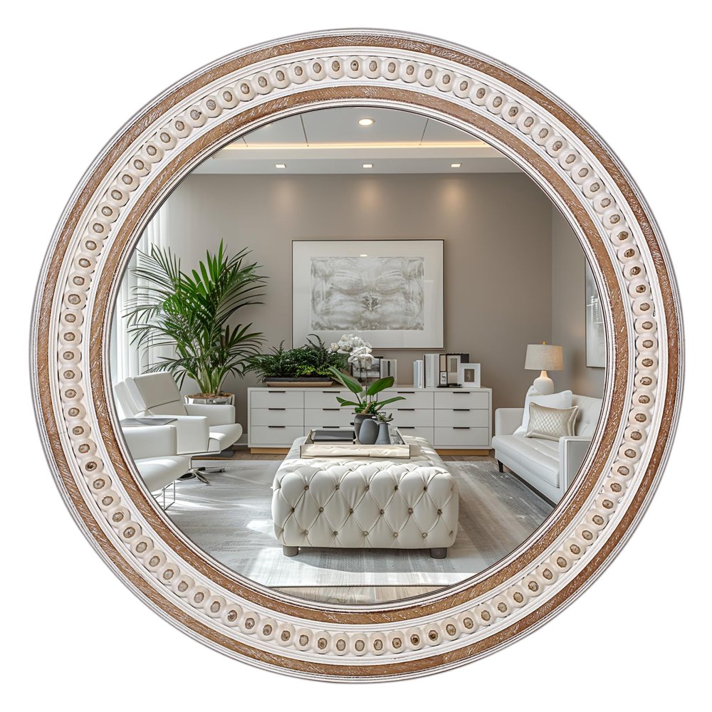 24 Inches Rustic Round Wall Mirrors - Wooden Farmhouse Circle Mirror for Bathroom, Entryway, Bedroom, Living Room, Entryway Decorative
