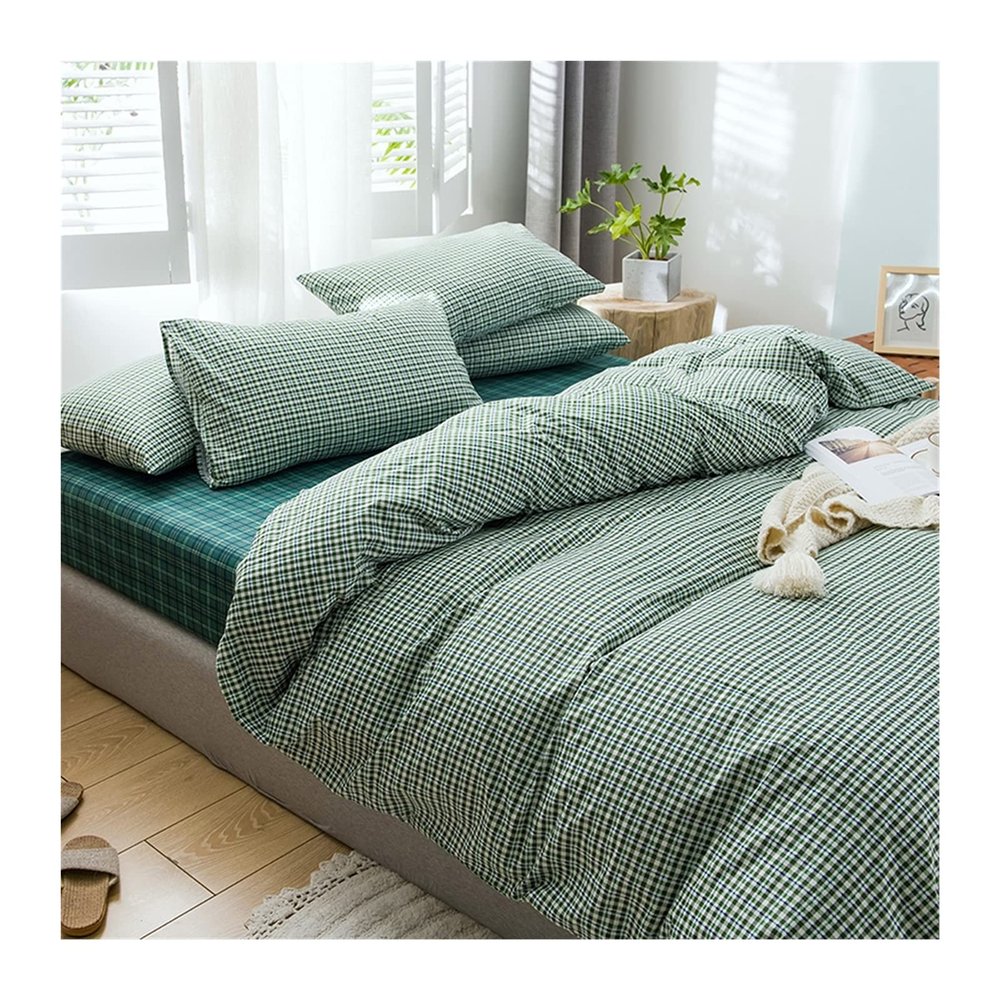 MZP Twin Quilt/Duvet Cover with Fitted Sheet 4 Piece Set Soft Double 100% Cotton Full/Queen Comforter Cover with Zipper Closure Corner Ties Fitted Sheet Pillowcases(Green B,200x230-180x200+25CM)