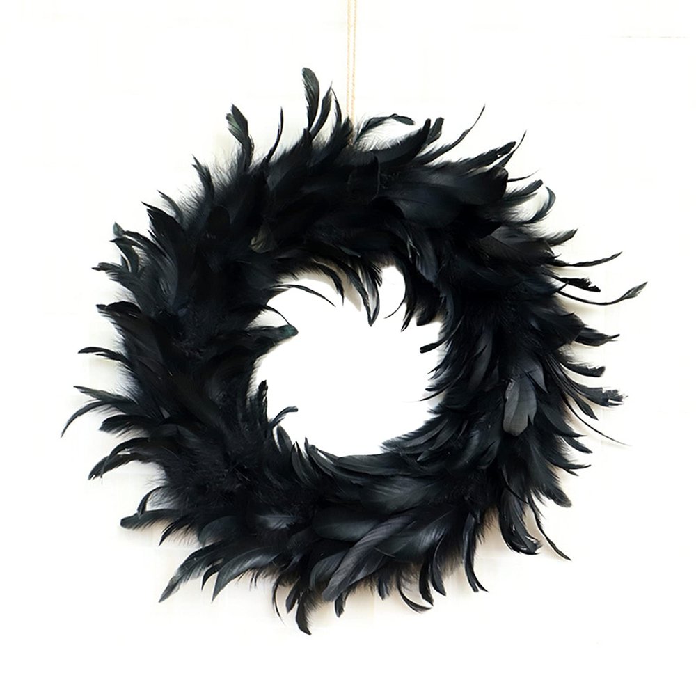 Wreath LIU- Halloween 15.7" Fluffy Black Feather for Halloween Decorations, Spooky Scene Party Favors, Photo Props, Front Door Window Wall Decor