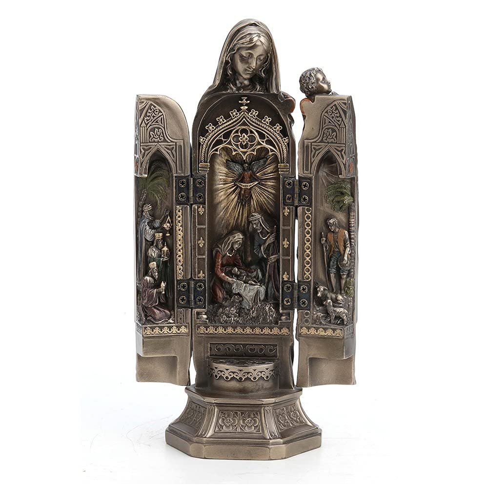 Veronese Design 7 7/8 Inch Tall Madonna and Baby Jesus Triptych Religious Decor Gift Cold Cast Bronzed Resin Faith Collecitbles Nativity Design