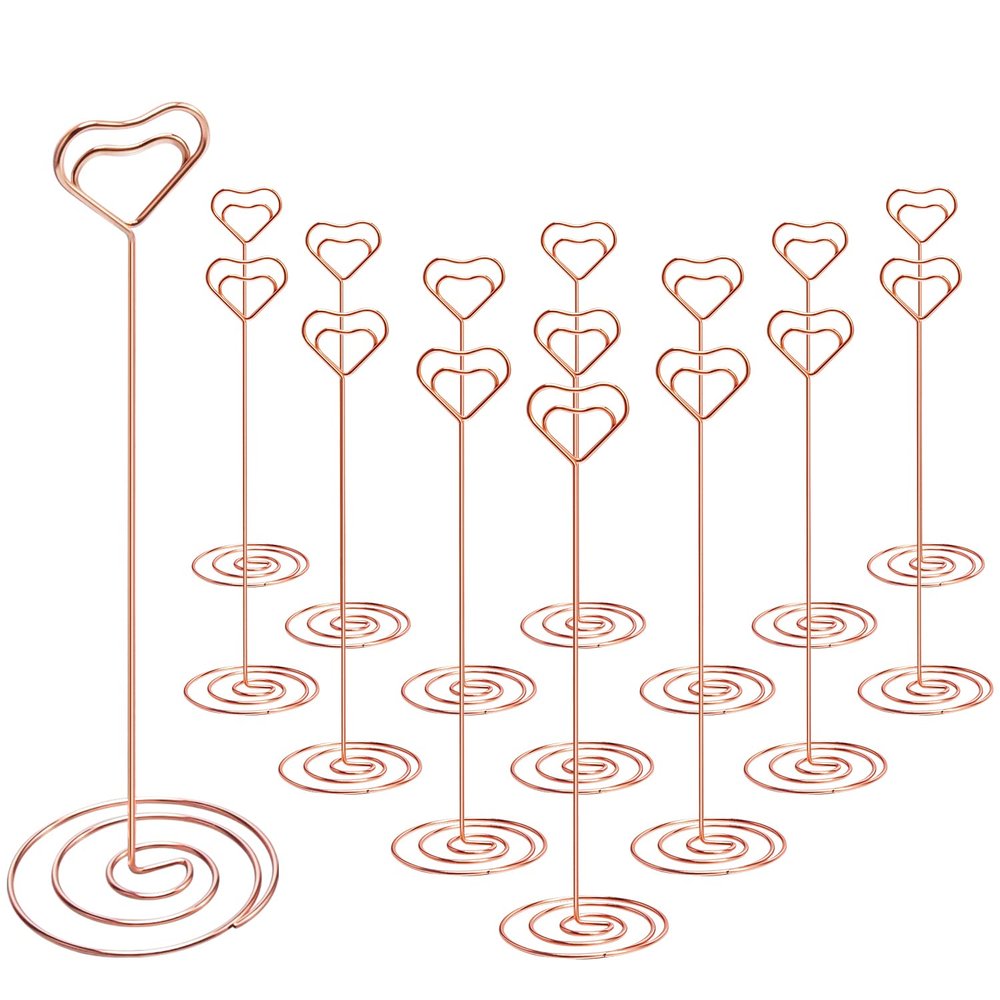 IMAMIN 16pcs Place Card Holders, 8.75 Inches Tall Table Number Holders, Rose Gold Picture Holder for Tables with Heart Shaped Clip for Wedding, Photos, Food Signs, Memo Notes, Restaurant, Birthday
