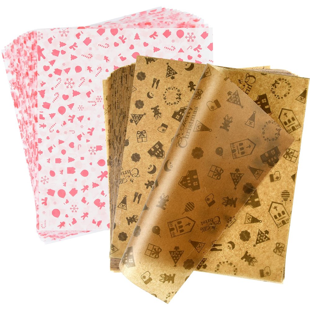 ASTARON 100pcs Christmas Wax Paper Sheets for Food Wrapping, Christmas Greaseproof Tissue Wax Paper for Candy Cookies Sandwich Wrapping Fried Food Basket Liner(Brown Red)