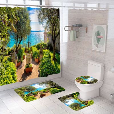 DDS-DUDES Garden Lake Shower Curtain Sets for Bathroom, Landscape Private Garden Near Lake Waterproof Shower Curtain Set with Non Slip Rugs, Toilet Cover and Bath Mat, 12 Plastic Hooks (Green Trees)