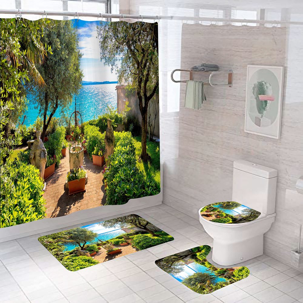 DDS-DUDES Garden Lake Shower Curtain Sets for Bathroom, Landscape Private Garden Near Lake Waterproof Shower Curtain Set with Non Slip Rugs, Toilet Cover and Bath Mat, 12 Plastic Hooks (Green Trees)