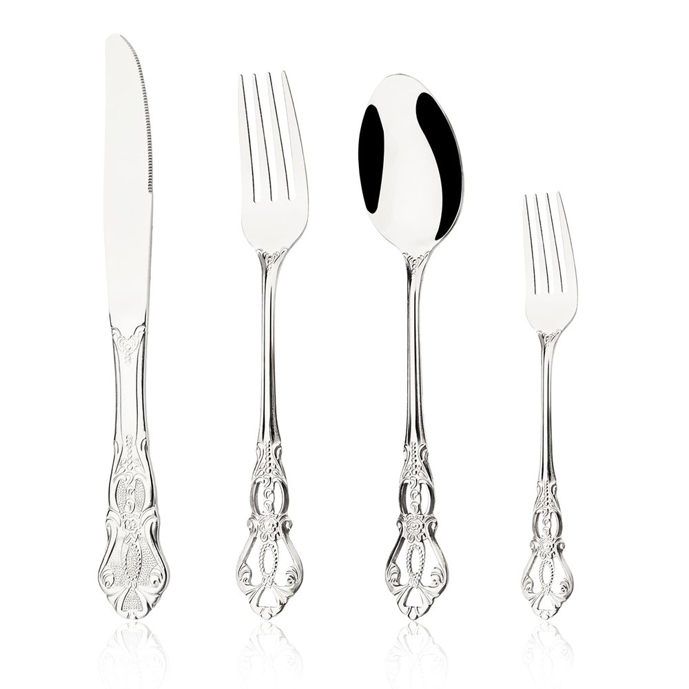 Snplowum 24-piece 6 Sets flatware, Retro Royal Dinnerware 18/0 Stainless Steel Utensils include Knife Fork Spoon And Dessert Fork (Silver)