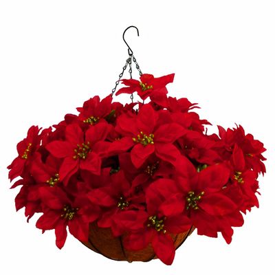 Christmas Flowers Chain Hanging Basket Flowerpot Artificial Flower Poinsettias Silk Ornament Flowers for Indoor Outdoor Home and Garden Christmas and New Year Decoration (Big Basket)