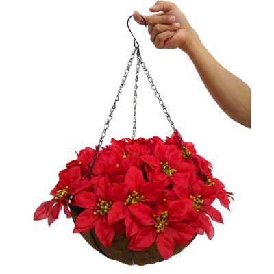 Bo Lala Christmas Flowers Chain Hanging Basket Flowerpot Artificial Flower Poinsettias Silk Ornament Flowers for Indoor Outdoor Home and Garden Christmas and New Year Decoration (Medium Basket)