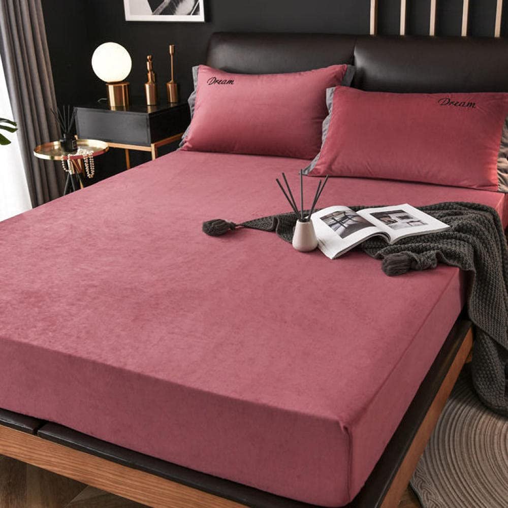 CFYCYHDZHT Bedding Set,Warm Thick Crystal Velvet Deep Pocket Fitted Sheet, Solid Color Mattress Protector for Adult Bedroom Bed Cover Red 120200cm