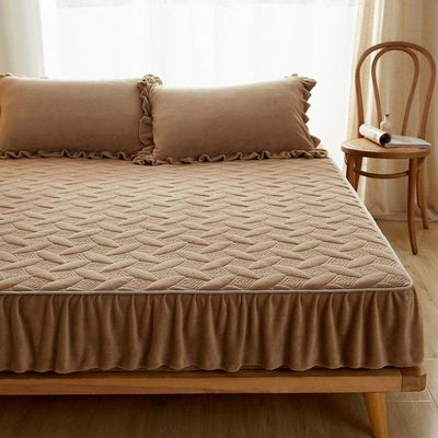 CFYCYHDZHT Comfy Sheets,Thick Warm Crystal Velvet Solid Color Mattress Protector, Bedroom Homestay Guest Room Ruffle Bedding Bed Sheet Khaki 15020030cm