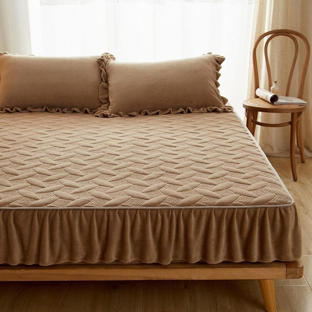 CFYCYHDZHT Comfy Sheets,Thick Warm Crystal Velvet Solid Color Mattress Protector, Bedroom Homestay Guest Room Ruffle Bedding Bed Sheet Khaki 15020030cm