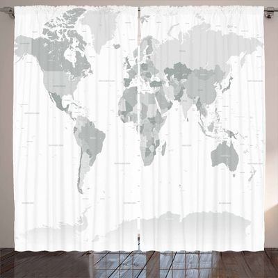 Ambesonne Grey Curtains, Detailed World Map with All Countries Major Capital Cities Universe Earth Continents, Living Room Bedroom Window Drapes 2 Panel Set, 108" X 96", Grey White