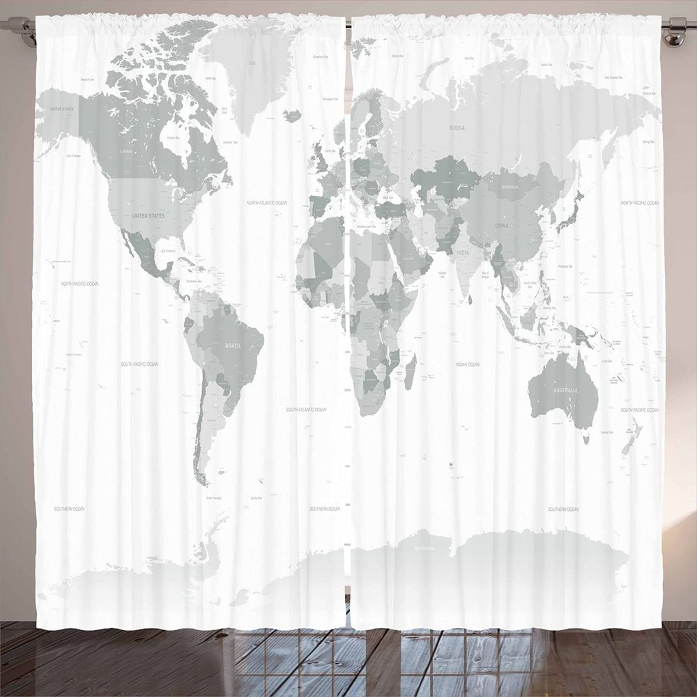 Ambesonne Grey Curtains, Detailed World Map with All Countries Major Capital Cities Universe Earth Continents, Living Room Bedroom Window Drapes 2 Panel Set, 108" X 96", Grey White