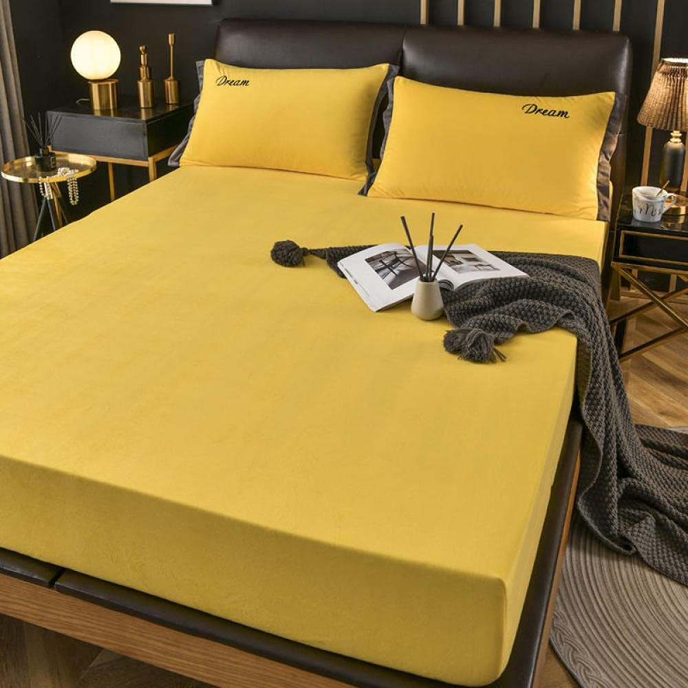 CFYCYHDZHT Cool and Breathable Sheet,Warm Thick Crystal Velvet Deep Pocket Fitted Sheet, Solid Color Mattress Protector for Adult Bedroom Bed Cover Yellow 180200cm