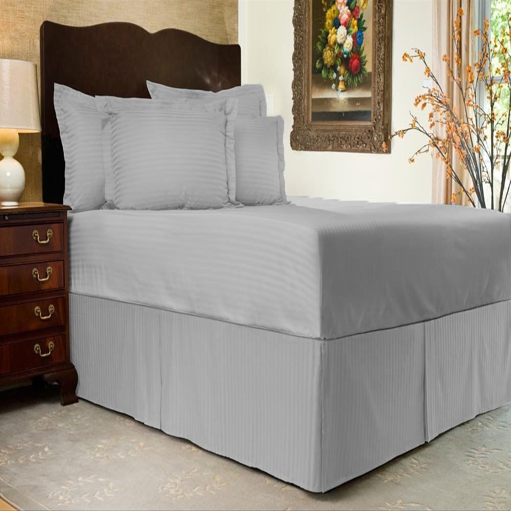 1 Piece Stripe 20" Drop Tailored Bed Skirt 600TC Egyptian Cotton (Light Gray, King)
