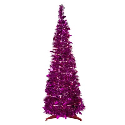 6' Pre-Lit Pink Tinsel Pop-Up Artificial Christmas Tree, Clear Lights