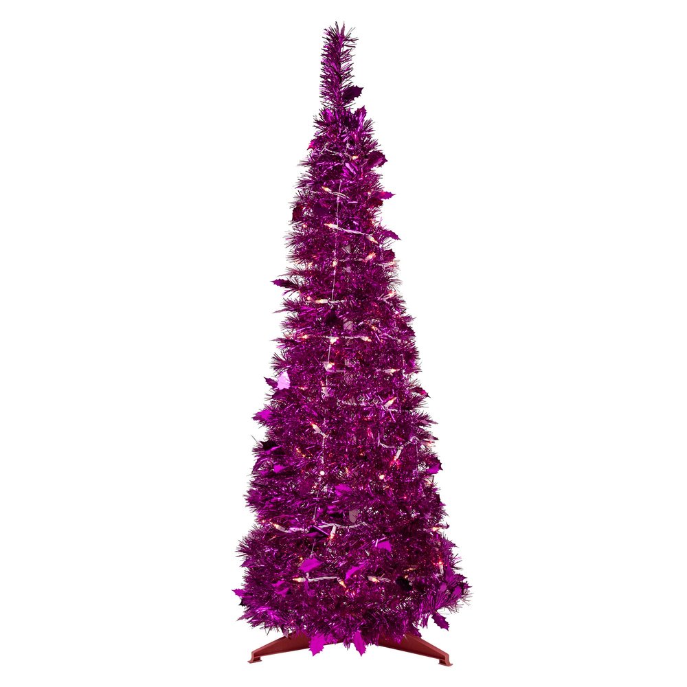 6' Pre-Lit Pink Tinsel Pop-Up Artificial Christmas Tree, Clear Lights