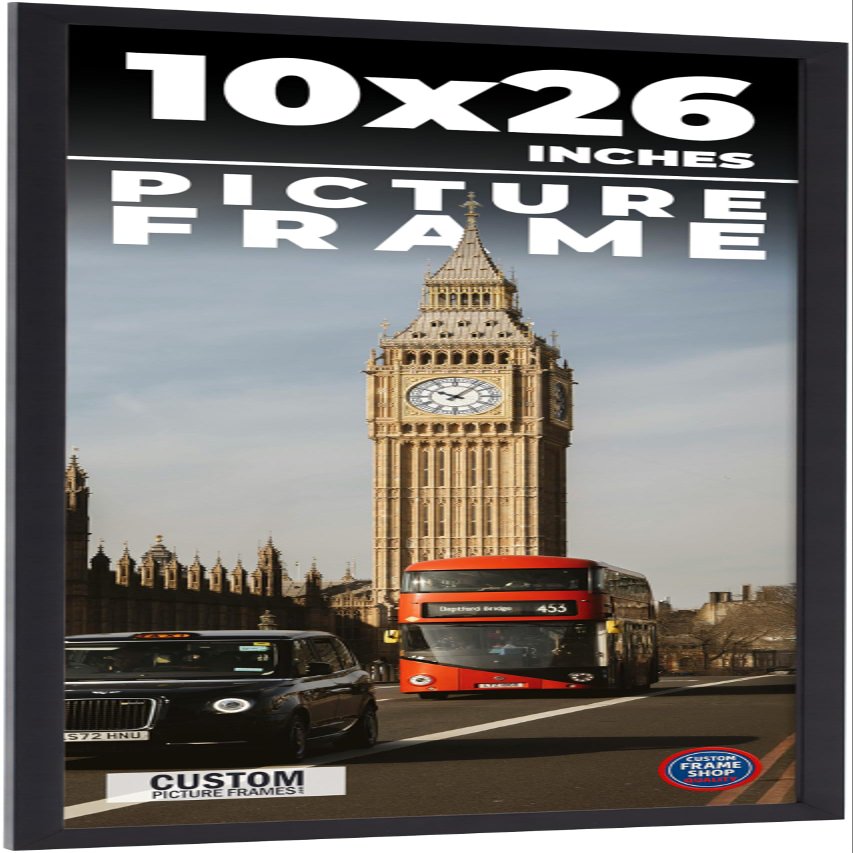 10x26 Frame Black Real Wood Picture Frame Width 0.75 Inches | Interior Frame Depth 0.5 Inches | Noir Classique Mid Century Photo Frame Complete with UV Acrylic, Foam Board Backing & Hanging Hardware
