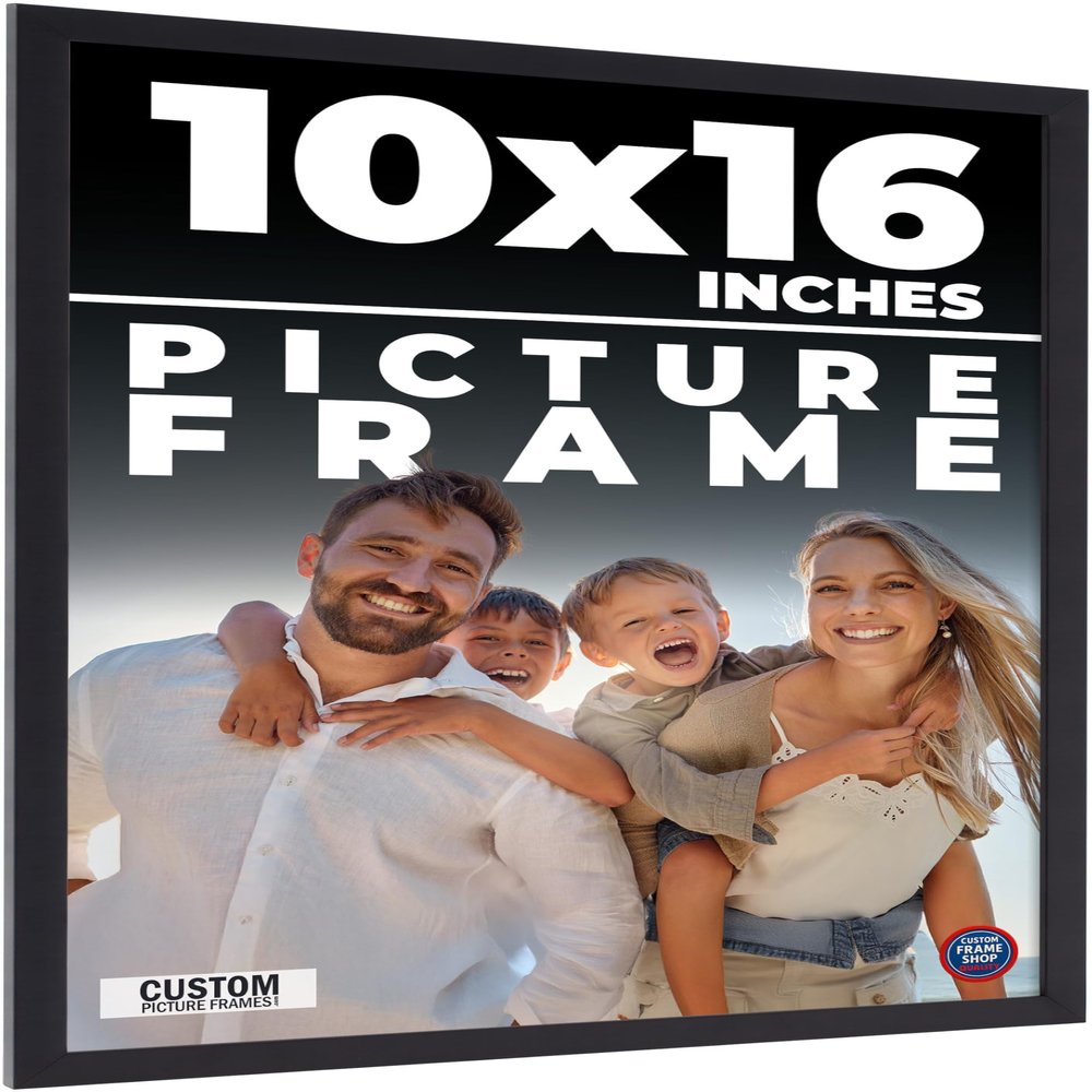 10x16 Frame Black Real Wood Picture Frame Width 0.75 Inches | Interior Frame Depth 0.5 Inches | Noir Classique Mid Century Photo Frame Complete with UV Acrylic, Foam Board Backing & Hanging Hardware