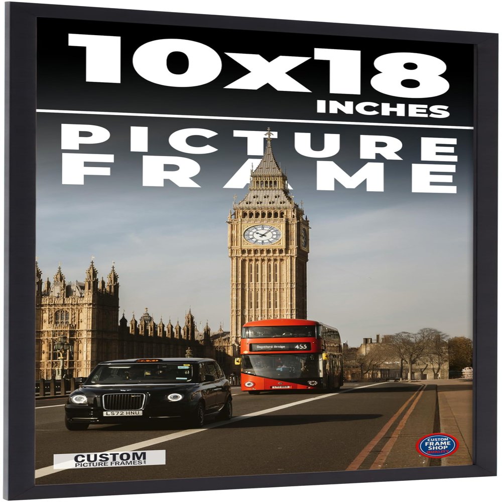 10x18 Frame Black Real Wood Picture Frame Width 0.75 Inches | Interior Frame Depth 0.5 Inches | Noir Classique Mid Century Photo Frame Complete with UV Acrylic, Foam Board Backing & Hanging Hardware