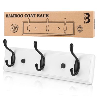 Badiano Wooden Coat Rack, Wall-Mounted Organizer for Closet, Entryway, Hallway, Foyer, Bedroom, Heavy Duty Double Hooks for Hanging Towels, Bags, Hats, Jackets, Key (WhiteBlack, 3 Hooks)