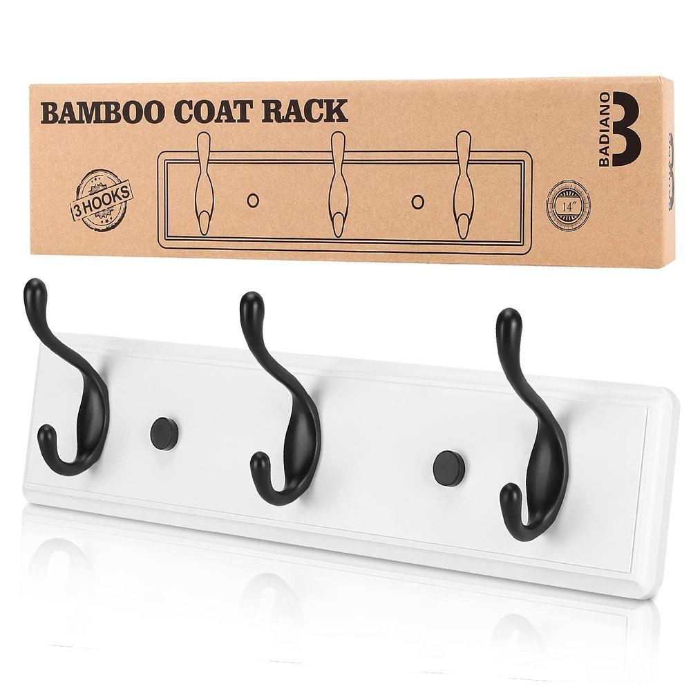 Badiano Wooden Coat Rack, Wall-Mounted Organizer for Closet, Entryway, Hallway, Foyer, Bedroom, Heavy Duty Double Hooks for Hanging Towels, Bags, Hats, Jackets, Key (WhiteBlack, 3 Hooks)