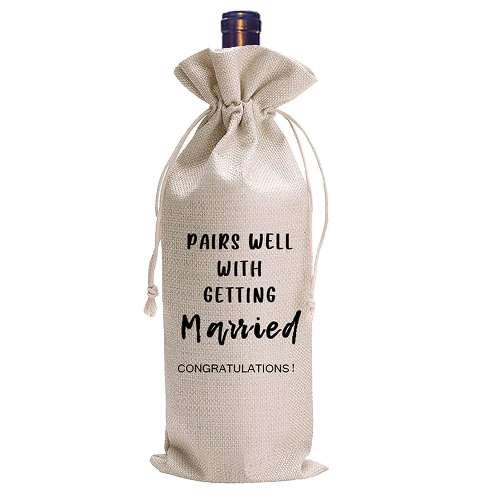 LANBAIHE Wedding Wine Bag, Linen Wine Gift Bag, Wedding Couples, Bride and Groom Gifts, Linen Drawstring Bags, Pairs Well with Getting Married