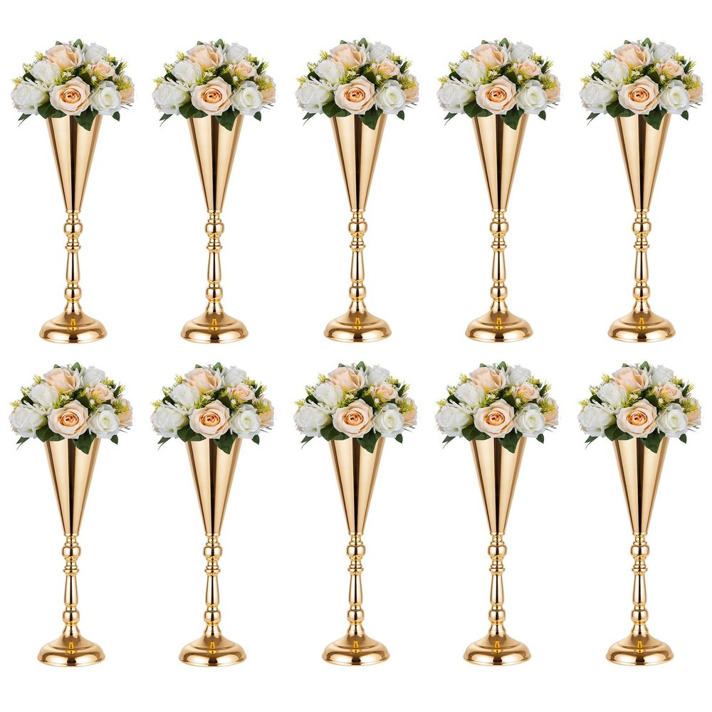 10 Pcs Tabletop Decoration Centerpiece, 14.4in Metal Wedding Flowers Small Gold Vase, Christmas Anniversary Birthday Party Home Decoration Flower Arrangement