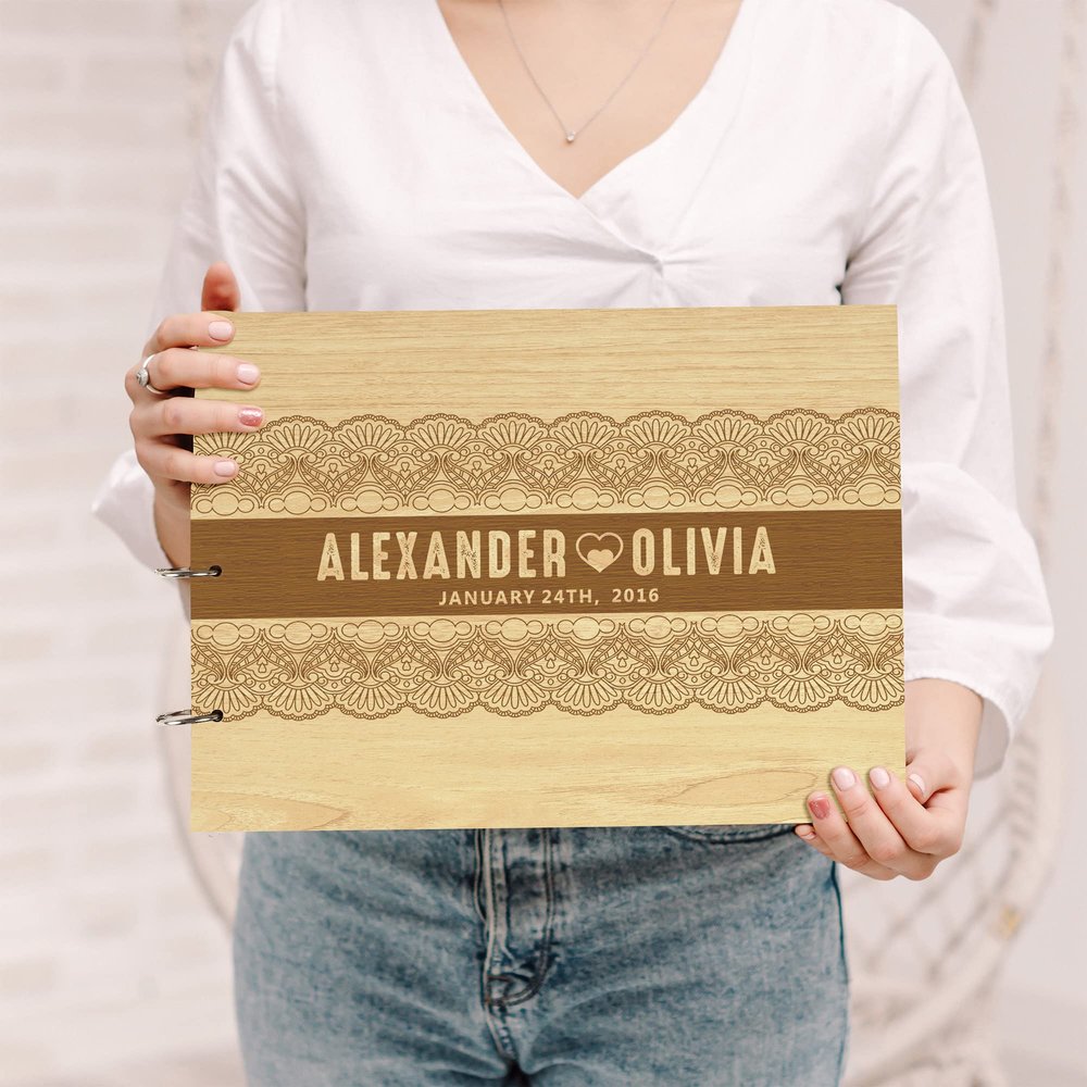 Darling Souvenir Personalized Engraved Laser Cut Wedding Guest Book Wooden Cover Sign-in Book Registry Guestbook Scrapbook-2W