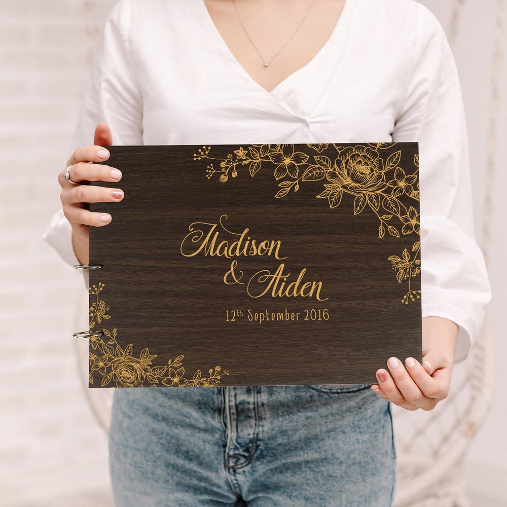 Darling Souvenir Personalized Engraved Laser Cut Wedding Guest Book Wooden Cover Sign-in Book Registry Guestbook Scrapbook-4Y