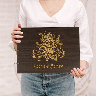 Darling Souvenir Personalized Engraved Laser Cut Wedding Guest Book Wooden Cover Sign-in Book Registry Guestbook Scrapbook-QU