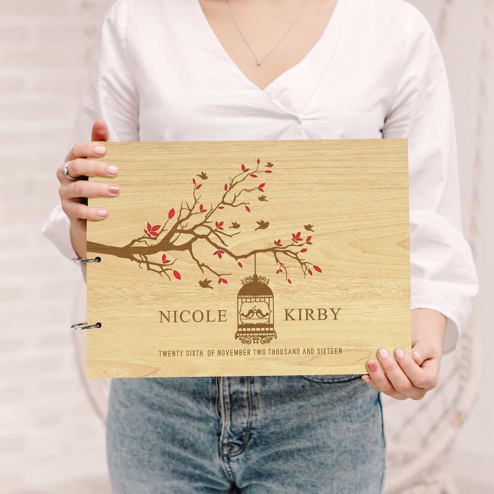 Darling Souvenir Personalized Engraved Laser Cut Wedding Guest Book Wooden Cover Sign-in Book Registry Guestbook Scrapbook-R3