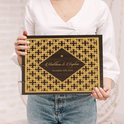 Darling Souvenir Personalized Engraved Laser Cut Wedding Guest Book Wooden Cover Sign-in Book Registry Guestbook Scrapbook-WZ